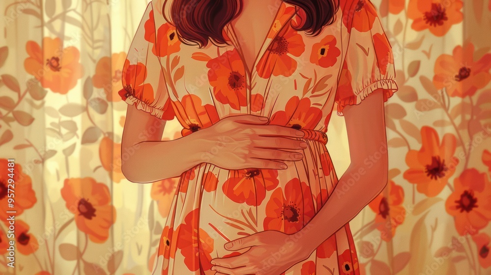 Fototapeta premium An elegant drawing of a pregnant woman gently hugging her belly, representing the beauty and serenity of pregnancy.