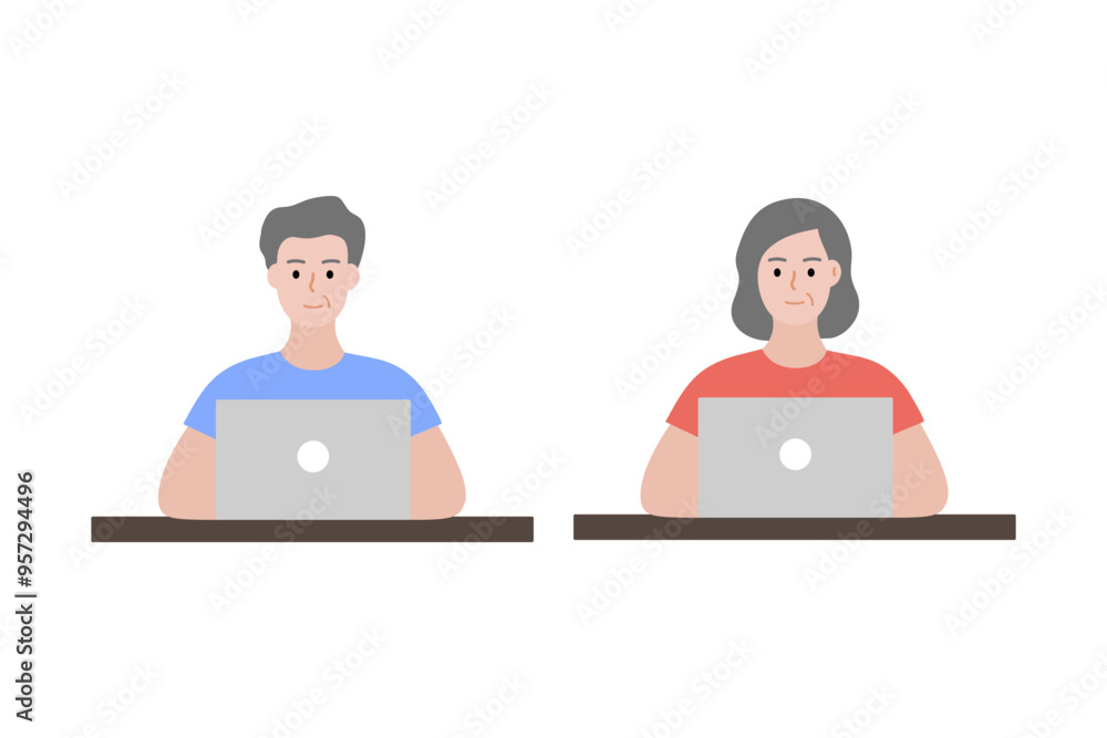 Smiling elder man and woman sitting in front of laptop working. Remote distance, technology, online learning concept. Flat people character vector design isolated illustration. Smiling elder man and woman sitting in front of laptop working. Remote distance, technology, online learning concept. Flat people character vector design isolated illustration.