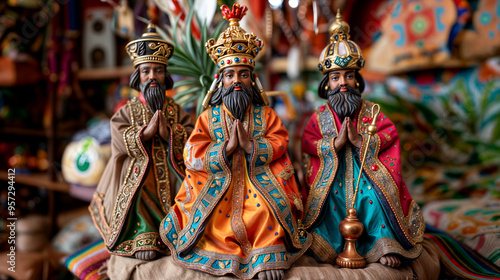 Vibrant Three Wise Men Figures Nativity Scene Displayed for Purchase