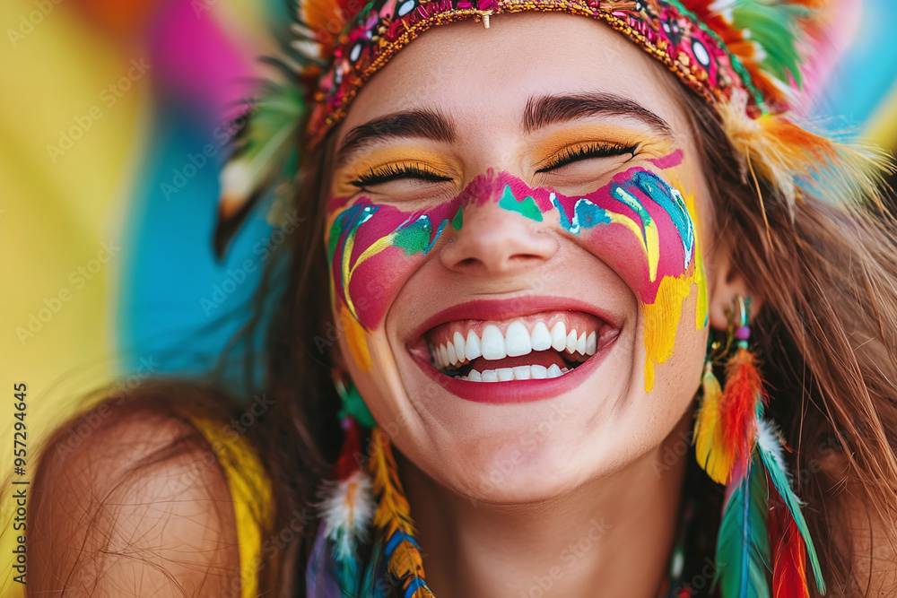 close-up portrait of a laughing hippie woman with colorful face paint and feather earrings close-up portrait of a laughing hippie woman with colorful face paint and feather earrings