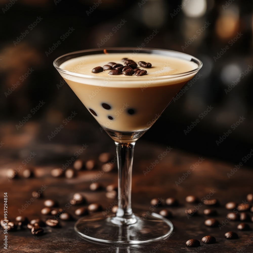 A martini glass with a perfectly crafted espresso martini, with coffee beans as garnish A martini glass with a perfectly crafted espresso martini, with coffee beans as garnish