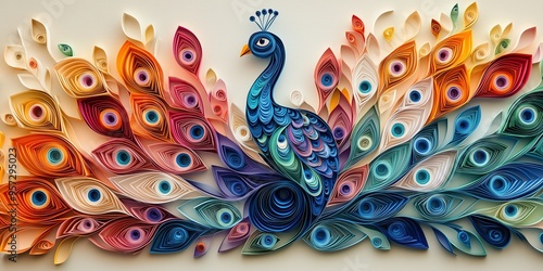 Diwali Banner with Intricate Paper-Quilled Peacock and Colorful Fanned Feathers