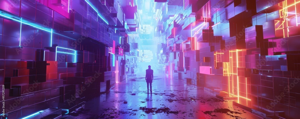 Futuristic neon cityscape with a lone figure. Vibrant colors, digital art style, showcasing modern technology and virtual reality concept. Futuristic neon cityscape with a lone figure. Vibrant colors, digital art style, showcasing modern technology and virtual reality concept.