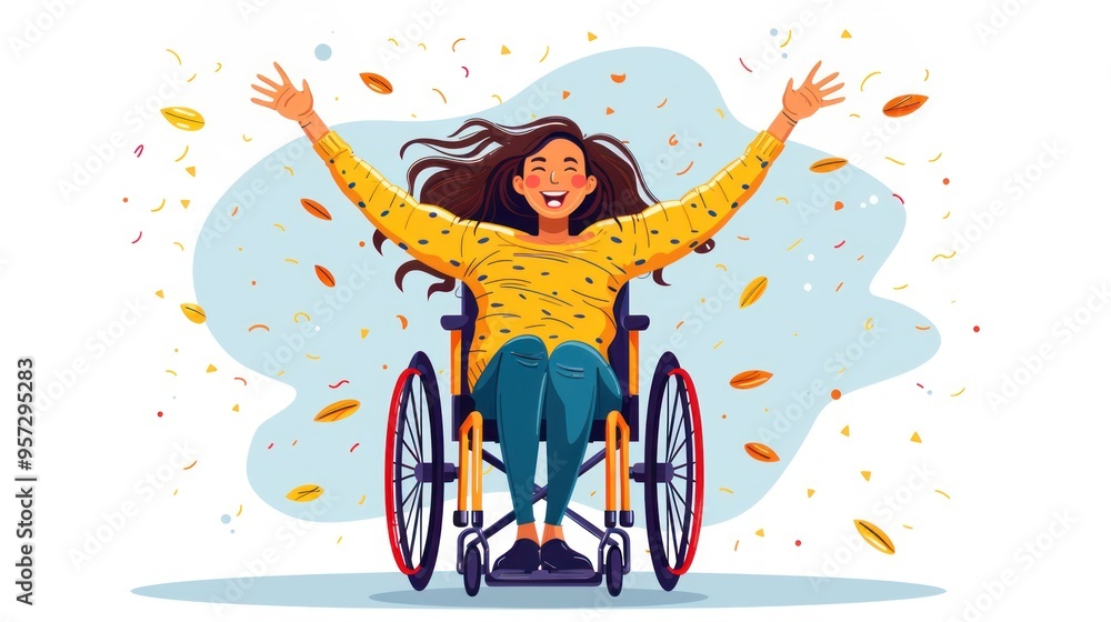 A cartoon of a happy woman in a wheelchair happily stretching her arms out to the sides representing freedom and an active lifestyle against a minimalist background. A cartoon of a happy woman in a wheelchair happily stretching her arms out to the sides representing freedom and an active lifestyle against a minimalist background.