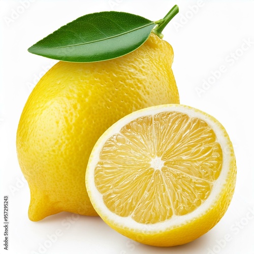 lemon with cut lemons close up isolated on white background, full depth of field 