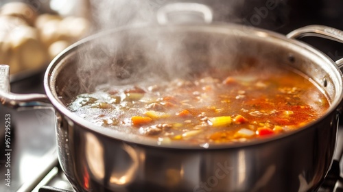 A close-up of a steaming pot of hearty soup simmering on the stove, with visible steam rising and vegetables and meat visible through the clear broth.