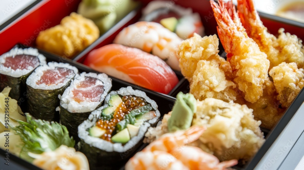 A close-up of a traditional Japanese bento box with sections of sushi, tempura, and pickled vegetables, elegantly arranged against a white backdrop to showcase the balanced meal. A close-up of a traditional Japanese bento box with sections of sushi, tempura, and pickled vegetables, elegantly arranged against a white backdrop to showcase the balanced meal.
