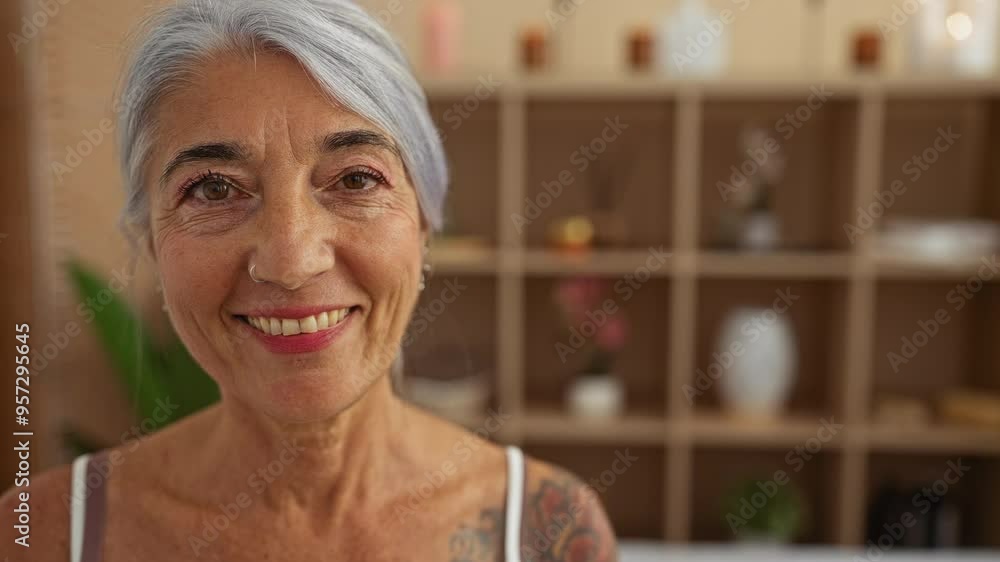 Elderly woman with grey hair relaxing in an indoor spa, surrounded by shelves adorned with beauty and wellness items Elderly woman with grey hair relaxing in an indoor spa, surrounded by shelves adorned with beauty and wellness items