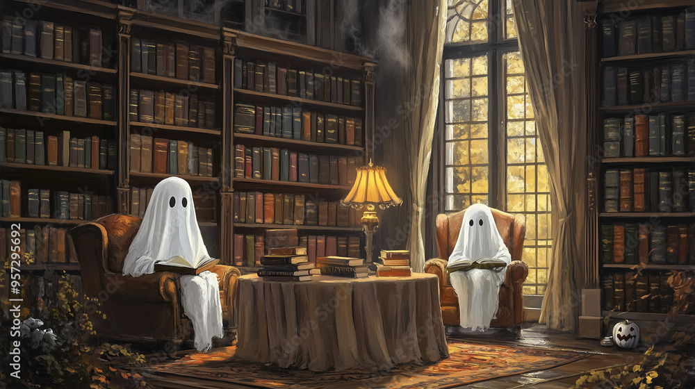 Oil painting of ghosts reading books in a old library. Cozy halloween art. Oil painting of ghosts reading books in a old library. Cozy halloween art.