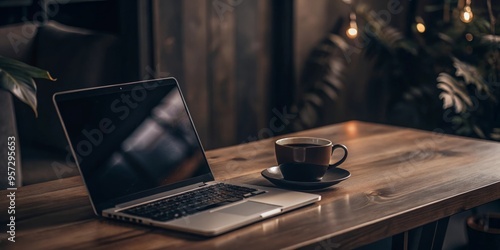 Laptop computer with a blank screen is sitting on a desk at night, with a cup of coffee and a lamp nearby