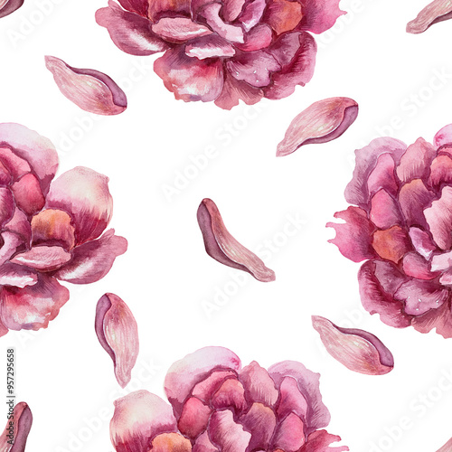Peonies. Burgundy flowers and petals. Seamless floral pattern. Hand drawn watercolor illustration isolated on white. For textile, wrapping paper, fabric, covers, wallpaper.