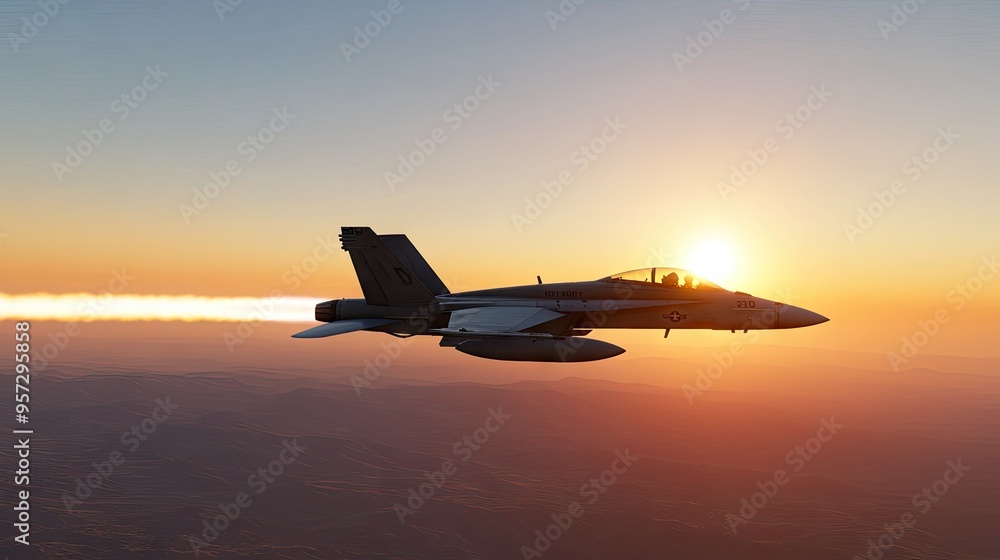 Majestic F/A-18 Super Hornet soaring through vibrant sunset skies with blazing afterburners illuminating the horizon Majestic F/A-18 Super Hornet soaring through vibrant sunset skies with blazing afterburners illuminating the horizon