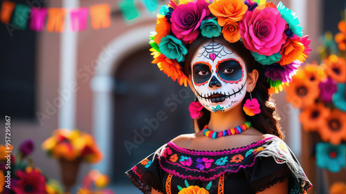 Portrait young woman with makeup for Day of the Dead in Mexican costumes.