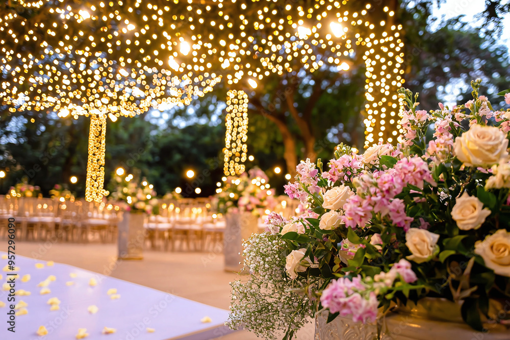 a beautifully decorated outdoor wedding venue, with a large canopy of flowers and lights, surrounded by lush gardens and traditional seating arrangements a beautifully decorated outdoor wedding venue, with a large canopy of flowers and lights, surrounded by lush gardens and traditional seating arrangements