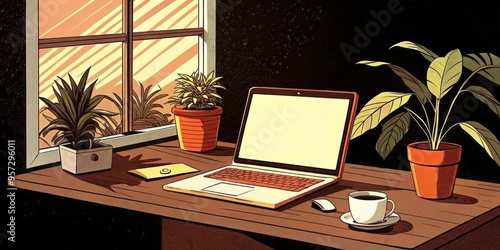 Open laptop with a black screen sits on a desk at night, accompanied by a cup of coffee, houseplants, and a window with closed blinds in the . Freelancer workspacebackground photo