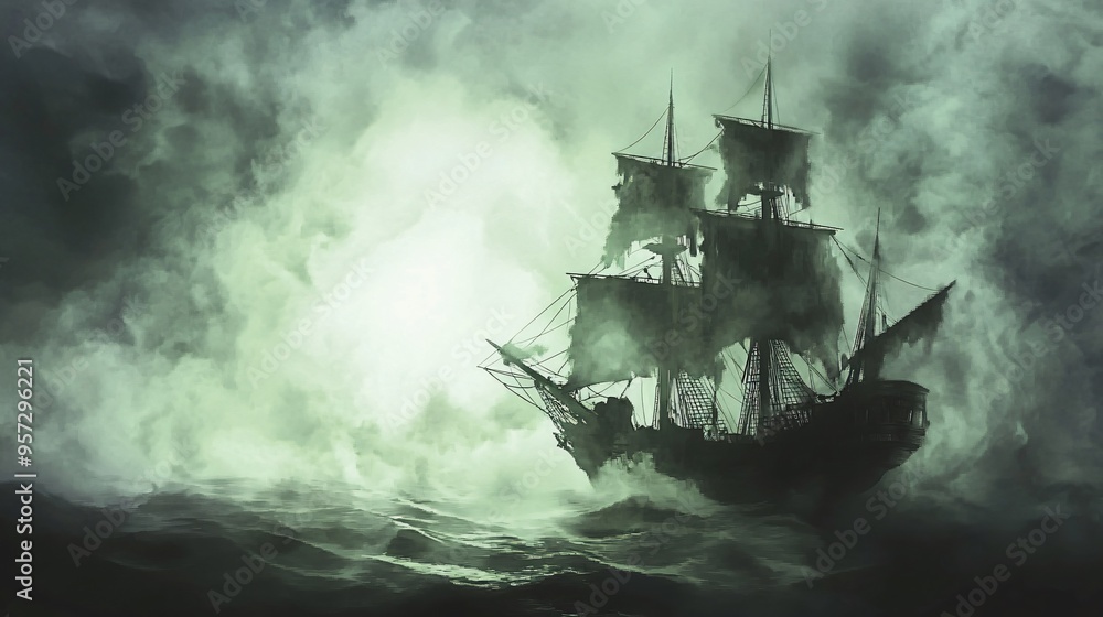 Cursed pirate ship, sailing through an eerie sea of mist, ghostly glow, Watercolor style Cursed pirate ship, sailing through an eerie sea of mist, ghostly glow, Watercolor style