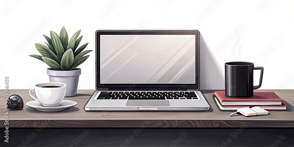 Fototapeta premium Freelancer workspace. Laptop sitting on a desk with a cup of coffee and a notebook, surrounded by houseplants