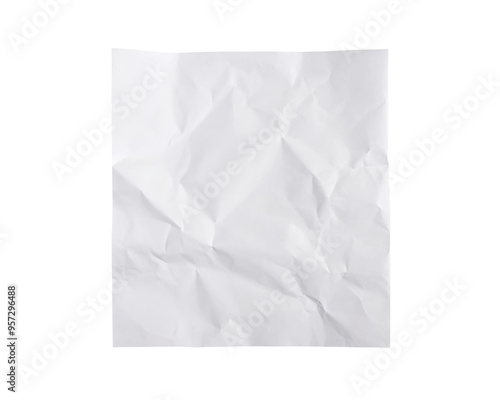 Crumpled white paper texture with soft folds and wrinkles, ideal for creative backgrounds or textured design elements. Isolated on transparent background, png.