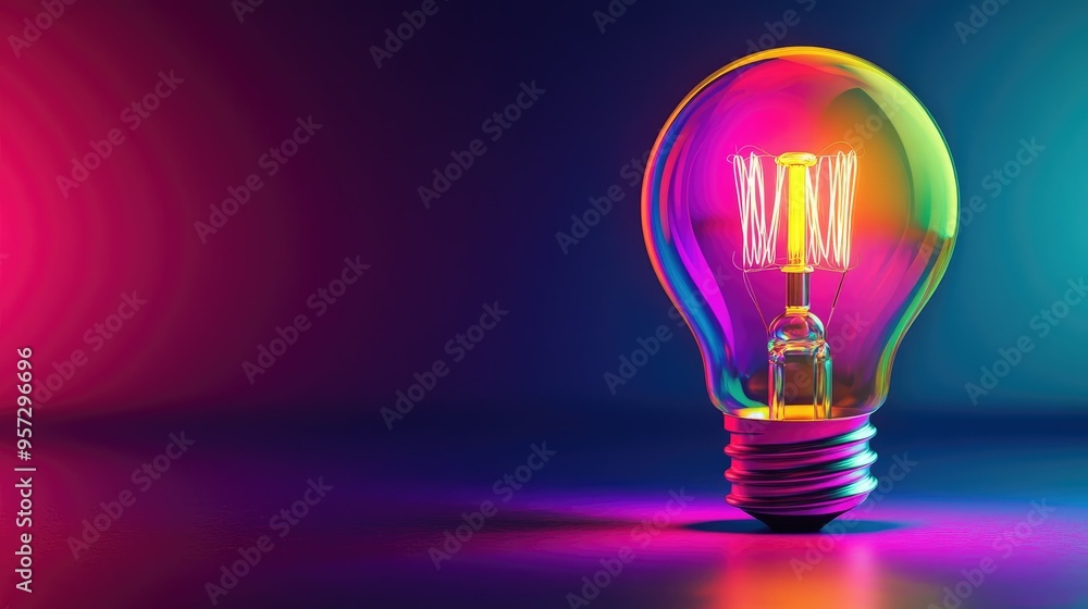 a colorful glowing idea bulb lamp, visualization of brainstorming and creative thinking 