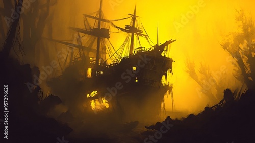 Abandoned pirate ship, glowing with cursed gold, eerie fog, Watercolor style photo