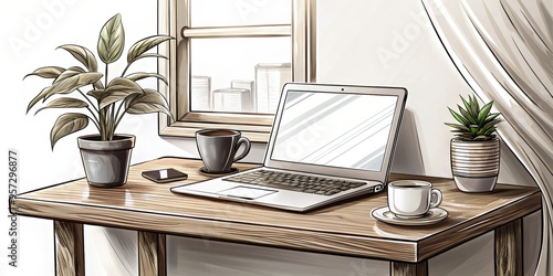 Image of a cozy workspace with warm lighting, showcasing a laptop, coffee cup, and potted plant on a wooden desk. Freelancer workspace