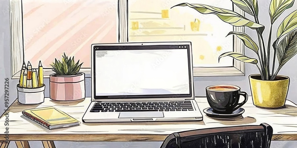 Fototapeta premium Cozy and modern freelancer workspace with an organized laptop displaying a blank screen. Freelancer workspace