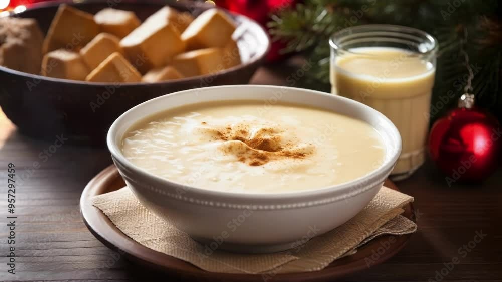 Bowl of eggnog seasoned with cinnamon is surrounded by christmas decorations and food, creating a cozy holiday atmosphere Bowl of eggnog seasoned with cinnamon is surrounded by christmas decorations and food, creating a cozy holiday atmosphere