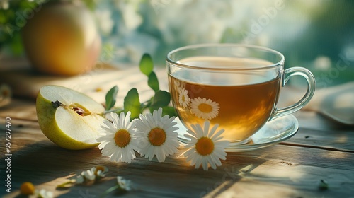 A cup of chamomile tea, with a few fresh daisies and a slice of apple beside the cup on a wooden table