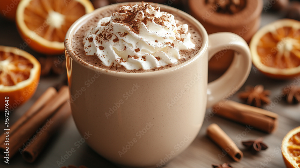 A mug of hot chocolate topped with whipped cream, surrounded by cinnamon sticks and dried oranges on a cozy pastel surface. A mug of hot chocolate topped with whipped cream, surrounded by cinnamon sticks and dried oranges on a cozy pastel surface.
