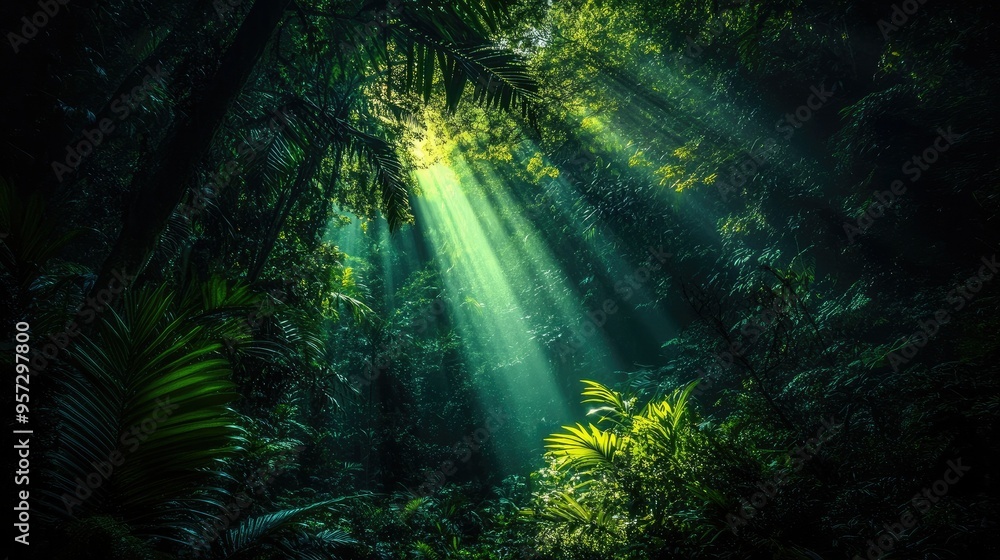 Fototapeta premium Dark rainforest, sun rays through the trees, rich jungle greenery