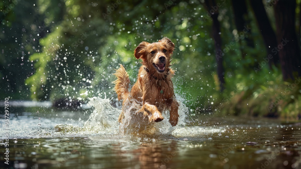 Dog In Water. Happy Dog Playing and Running in a Beautiful River Landscape Dog In Water. Happy Dog Playing and Running in a Beautiful River Landscape