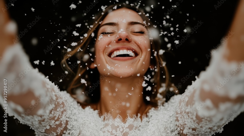 A joyful woman with a broad smile extends her arms into the snowfall, capturing the pure happiness of the moment, dressed warmly and standing against a blurry nature background. A joyful woman with a broad smile extends her arms into the snowfall, capturing the pure happiness of the moment, dressed warmly and standing against a blurry nature background.