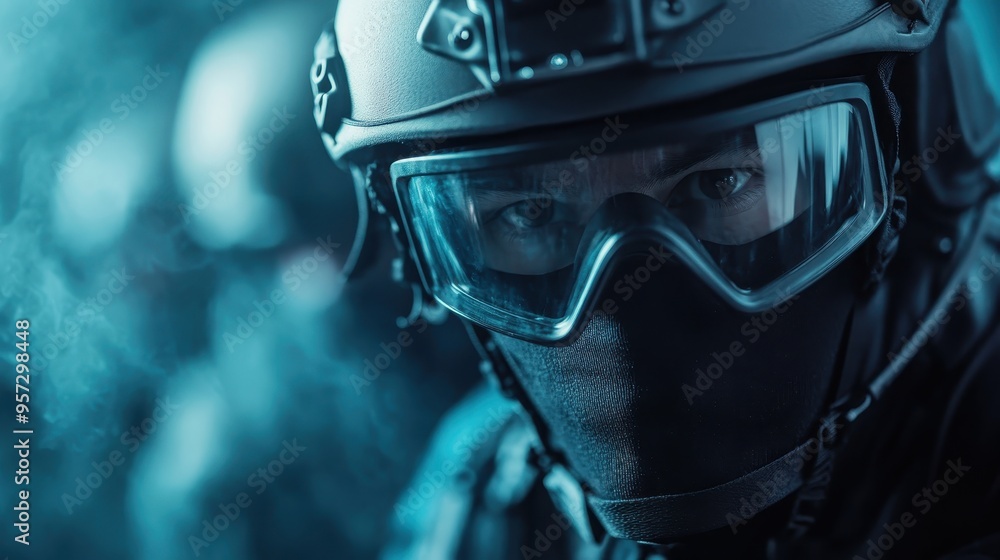 A soldier wearing a helmet and uniform, captured in detail with a focus on the gear and equipment, illustrating the intensity and preparedness of military personnel. A soldier wearing a helmet and uniform, captured in detail with a focus on the gear and equipment, illustrating the intensity and preparedness of military personnel.