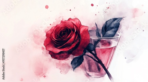 Blood-red rose, dark petals, withering in a glass vase, Watercolor style