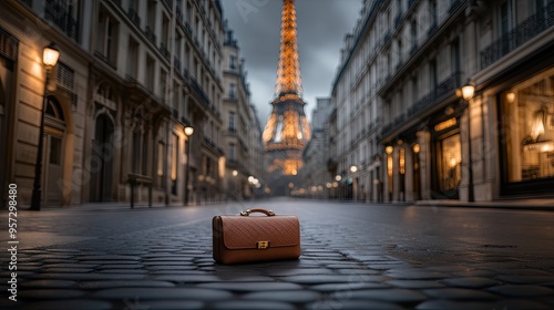 Set against the iconic Eiffel Tower, a beautifully crafted handbag captures the essence of Paris photo