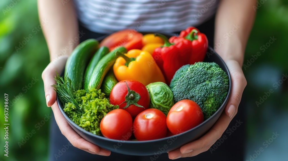 Woman holding bowl with various vegetables for healthy eating. Woman holding bowl with various vegetables for healthy eating.