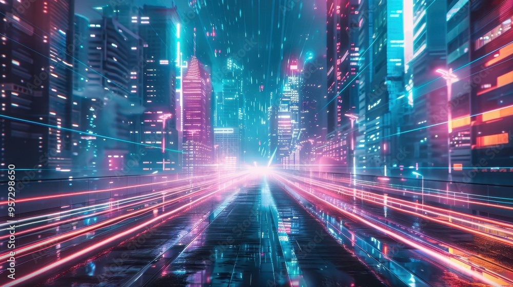 Naklejka premium Futuristic cityscape with neon lights, digital grid, and glowing skyscrapers at nighttime. Perfect for technology, cyberpunk, and sci-fi themes.