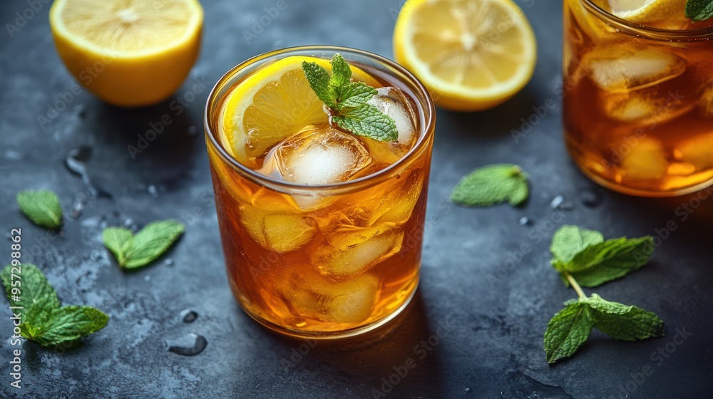 A refreshing iced tea with lemon slices and mint leaves A refreshing iced tea with lemon slices and mint leaves