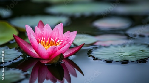 A close-up shot of a vibrant pink lotus flower in full bloom, floating gracefully on a calm pond with its green leaves surrounding it, reflecting the serene beauty of nature.