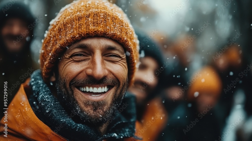 A happy man with a beard, wearing a colorful knit hat and winter jacket, smiling warmly in an outdoor winter scene with friends, snow falling around them. A happy man with a beard, wearing a colorful knit hat and winter jacket, smiling warmly in an outdoor winter scene with friends, snow falling around them.