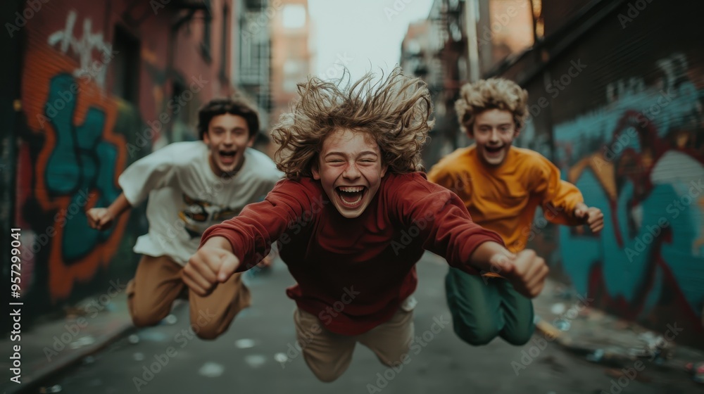 Three boys with wild hair are leaping and laughing in a narrow city alleyway adorned with graffiti. They are captured in mid-air, showcasing their playful energy and joy. Three boys with wild hair are leaping and laughing in a narrow city alleyway adorned with graffiti. They are captured in mid-air, showcasing their playful energy and joy.
