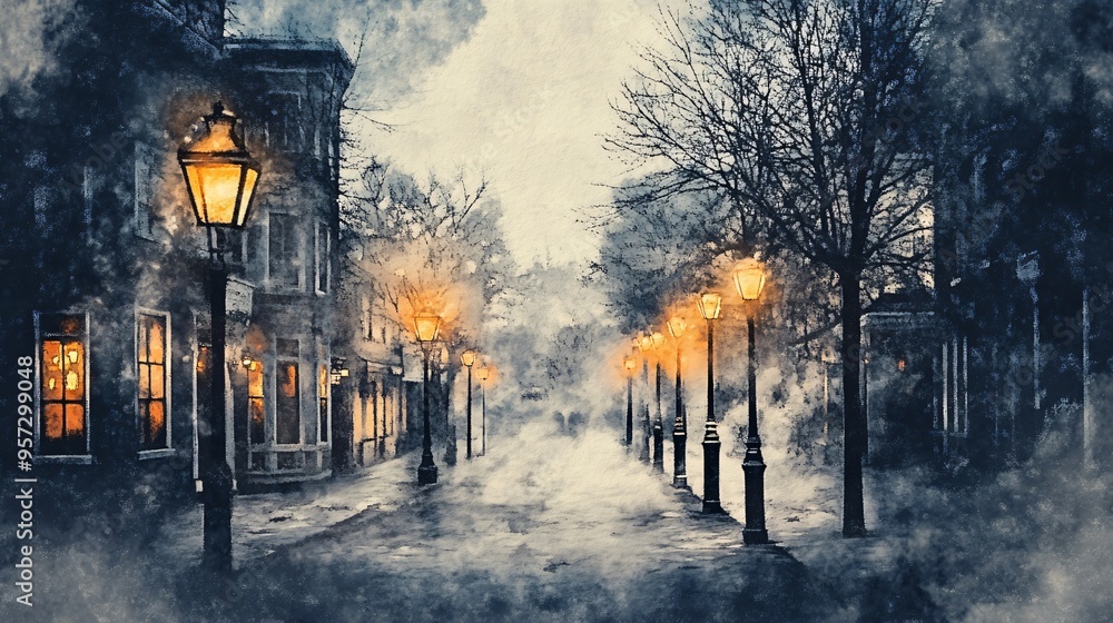 Fototapeta premium Victorian street, gas lamps flickering, deserted, Watercolor style