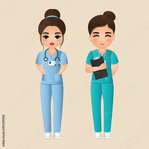 Cute cartoon woman in nurse uniform with different acting character
