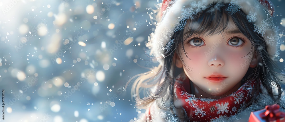 Winter Anime Girl in Snow with Gift Winter Anime Girl in Snow with Gift