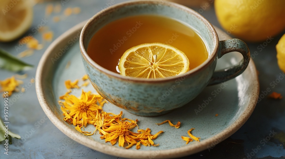 A cup of marigold tea, with dried marigold petals and a lemon slice on a ceramic plate A cup of marigold tea, with dried marigold petals and a lemon slice on a ceramic plate
