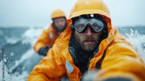 Two individuals wearing orange waterproof jackets and helmets are navigating through a rough sea, with water splashing around them, showcasing a challenging and adventurous moment. photo