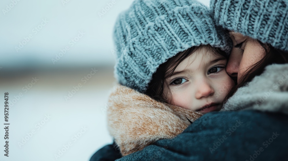 A tender moment of a child being comforted in their mother's embrace during a cold snowy day, showcasing warmth, love, and protection amidst a winter setting. A tender moment of a child being comforted in their mother's embrace during a cold snowy day, showcasing warmth, love, and protection amidst a winter setting.