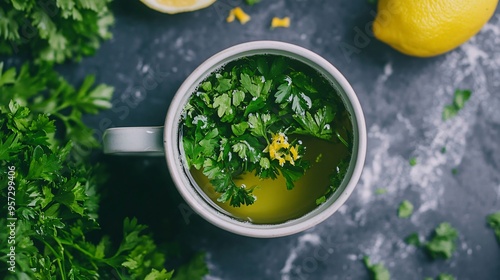 A cup of parsley tea, with fresh parsley sprigs and lemon zest on a stone countertop photo