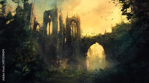 Towering gothic ruins, overrun with nature, twilight sky, Watercolor style