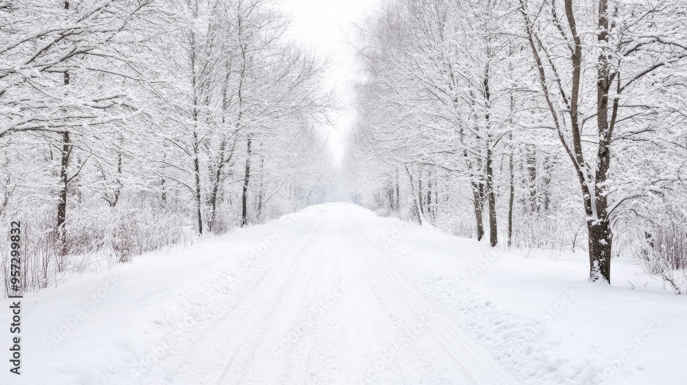 A serene winter wonderland adorned with tall snow-laden trees and a soft, powdery path winding through the enchanting forest A serene winter wonderland adorned with tall snow-laden trees and a soft, powdery path winding through the enchanting forest